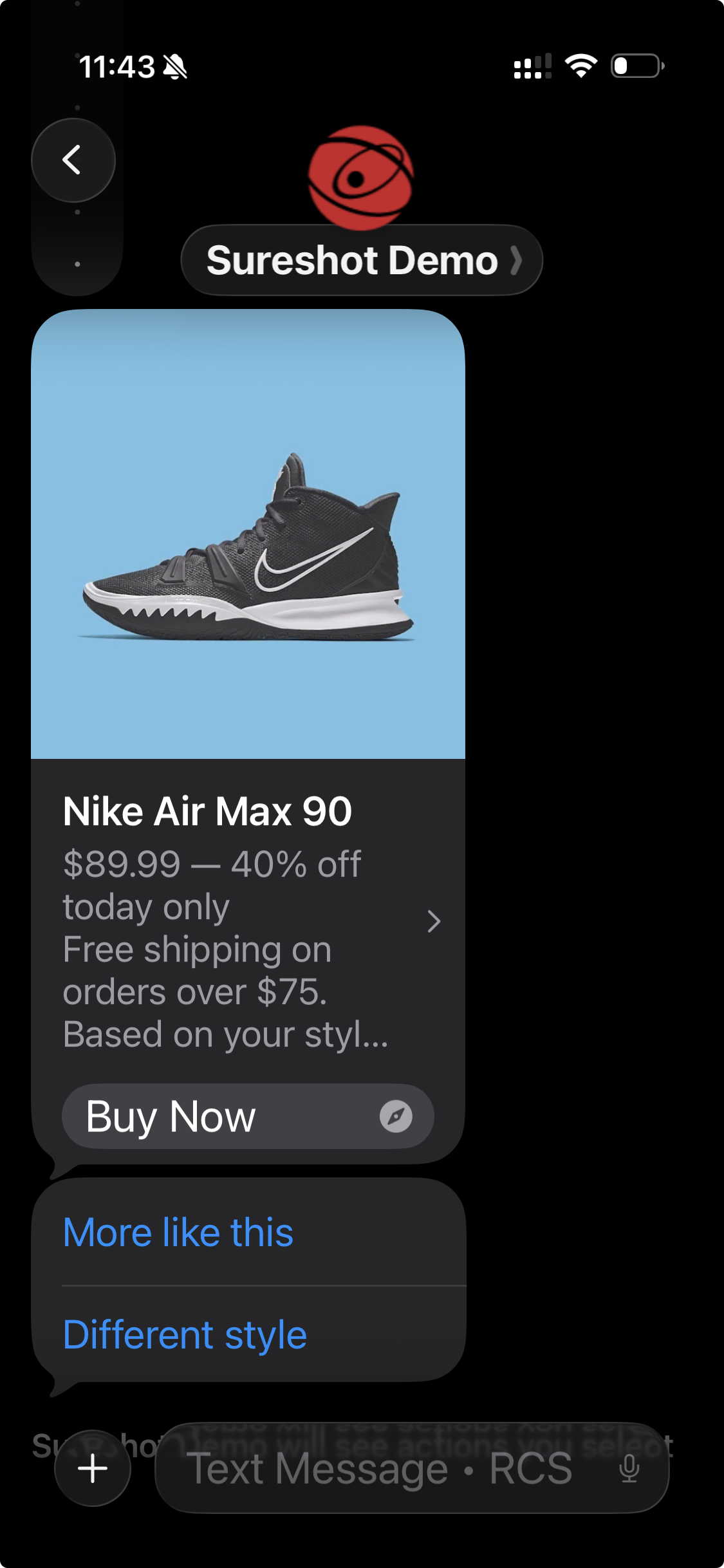 RCS rich card with product image and buy button