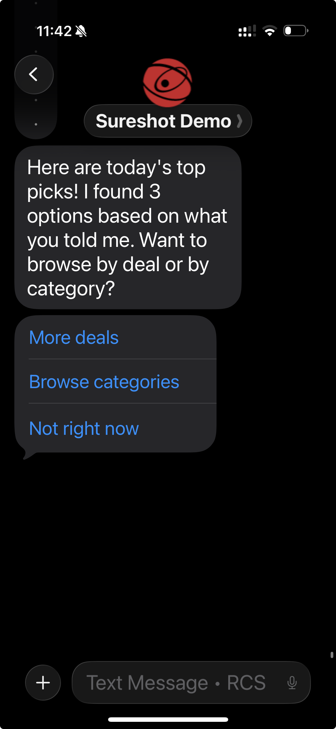 RCS text message with smart reply buttons
